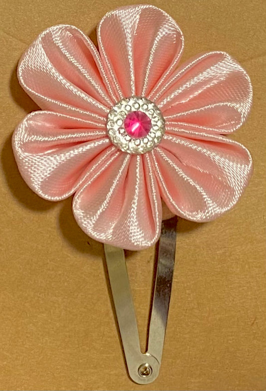 Hair Clip - Pink satin ribbon flower (3412)
