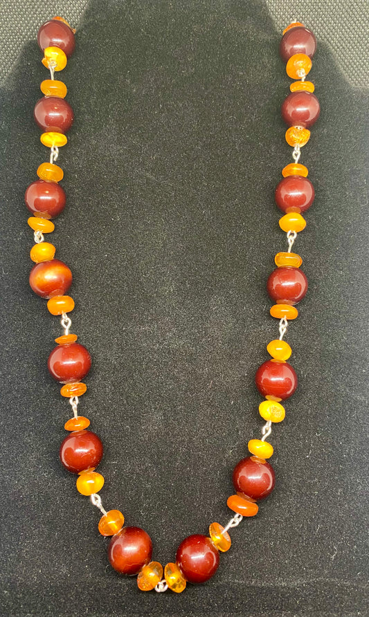 Amber and Wooden Bead Necklace [30"] (0009)