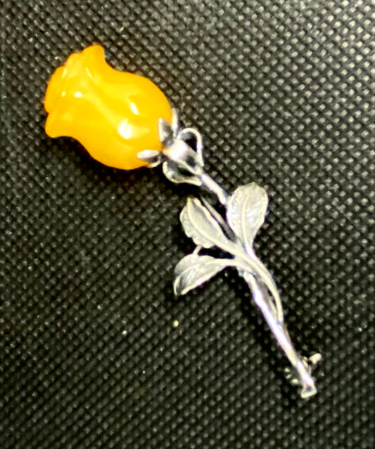 Baltic Amber and Silver Rose Brooch [Large] (0014)