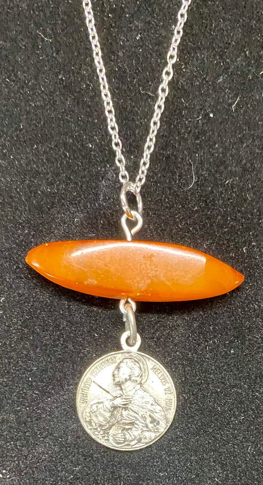 Baltic Amber Pendant with St. Casimir Medal