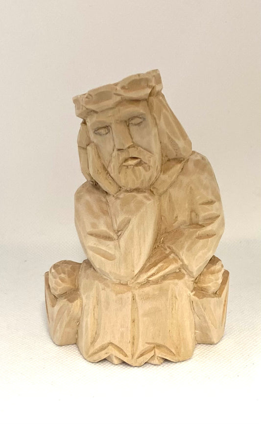Wooden Hand Carved Pensive Christ (Rūpintojėlis) Sculpture