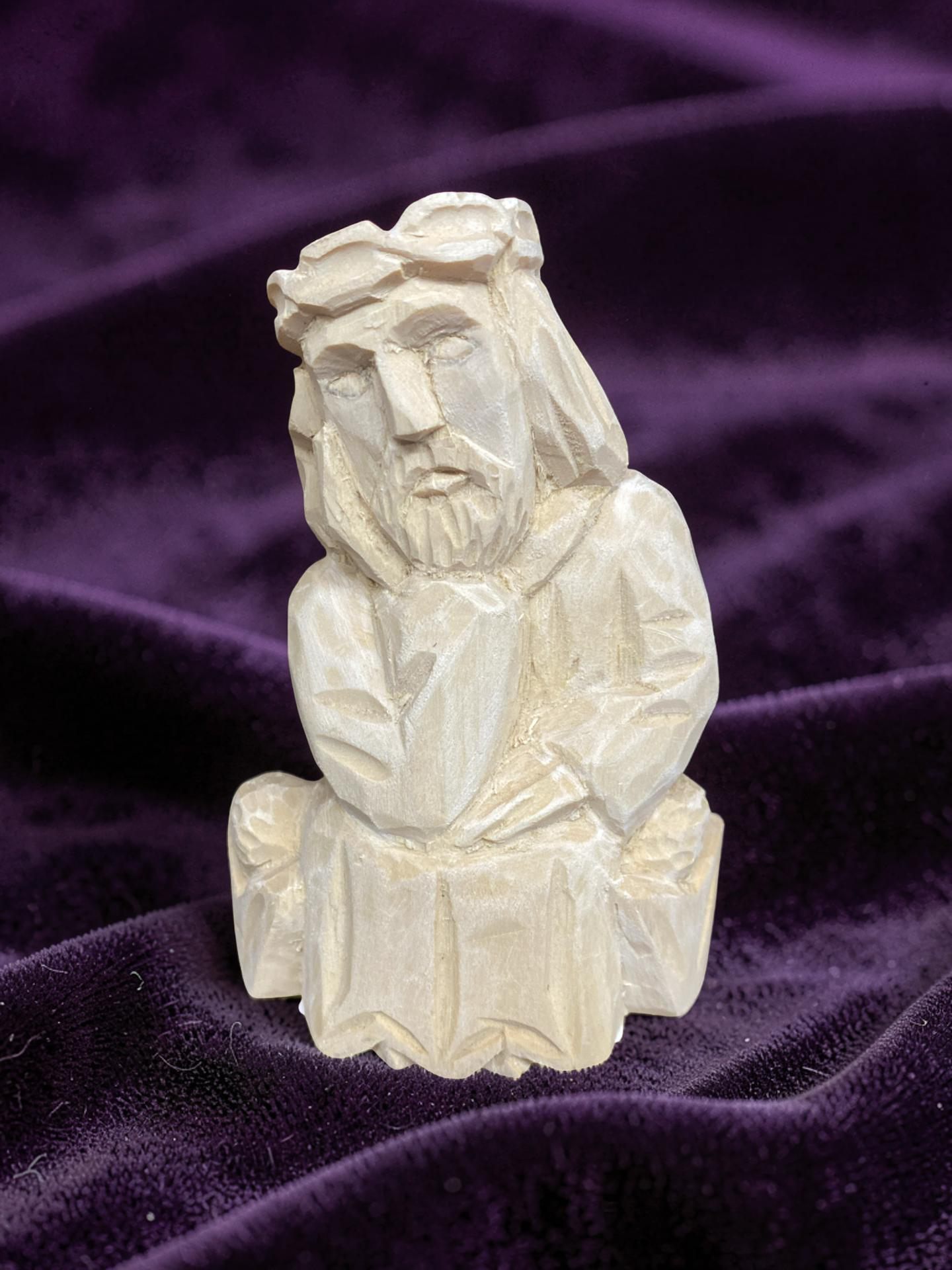 Wooden Hand Carved Pensive Christ (Rūpintojėlis) Sculpture