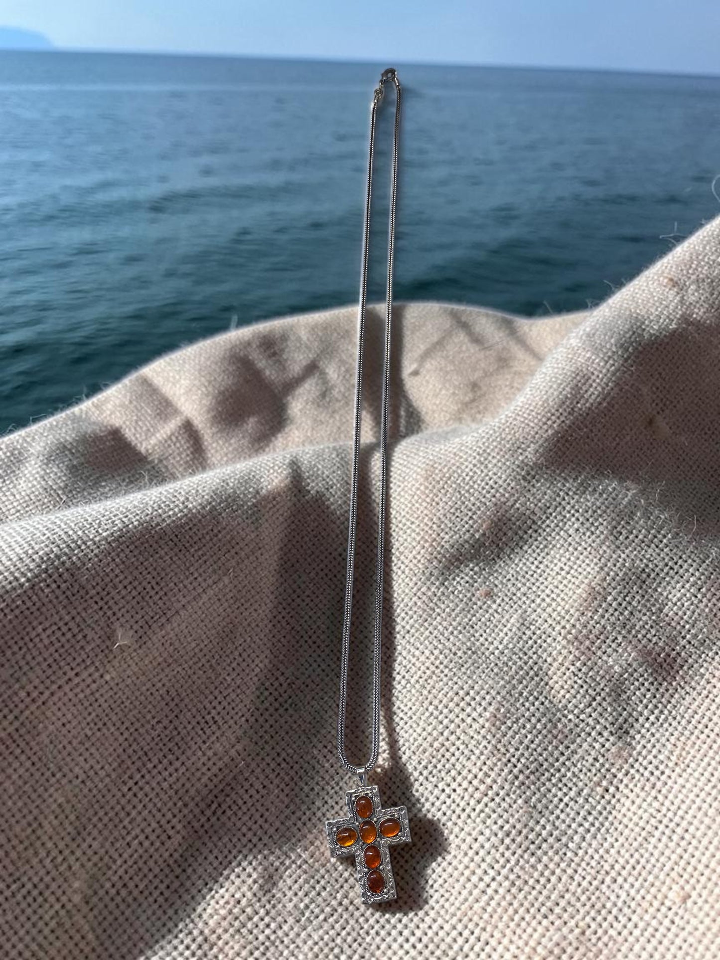 Pendant - Amber & Sterling Silver Crucifix w/ chain