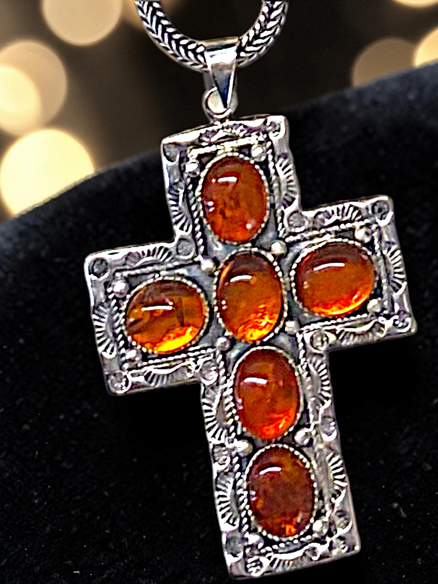Pendant - Amber & Sterling Silver Crucifix w/ chain