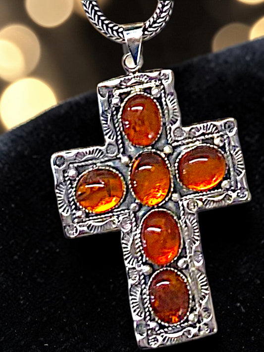 Pendant - Amber & Sterling Silver Crucifix w/ chain