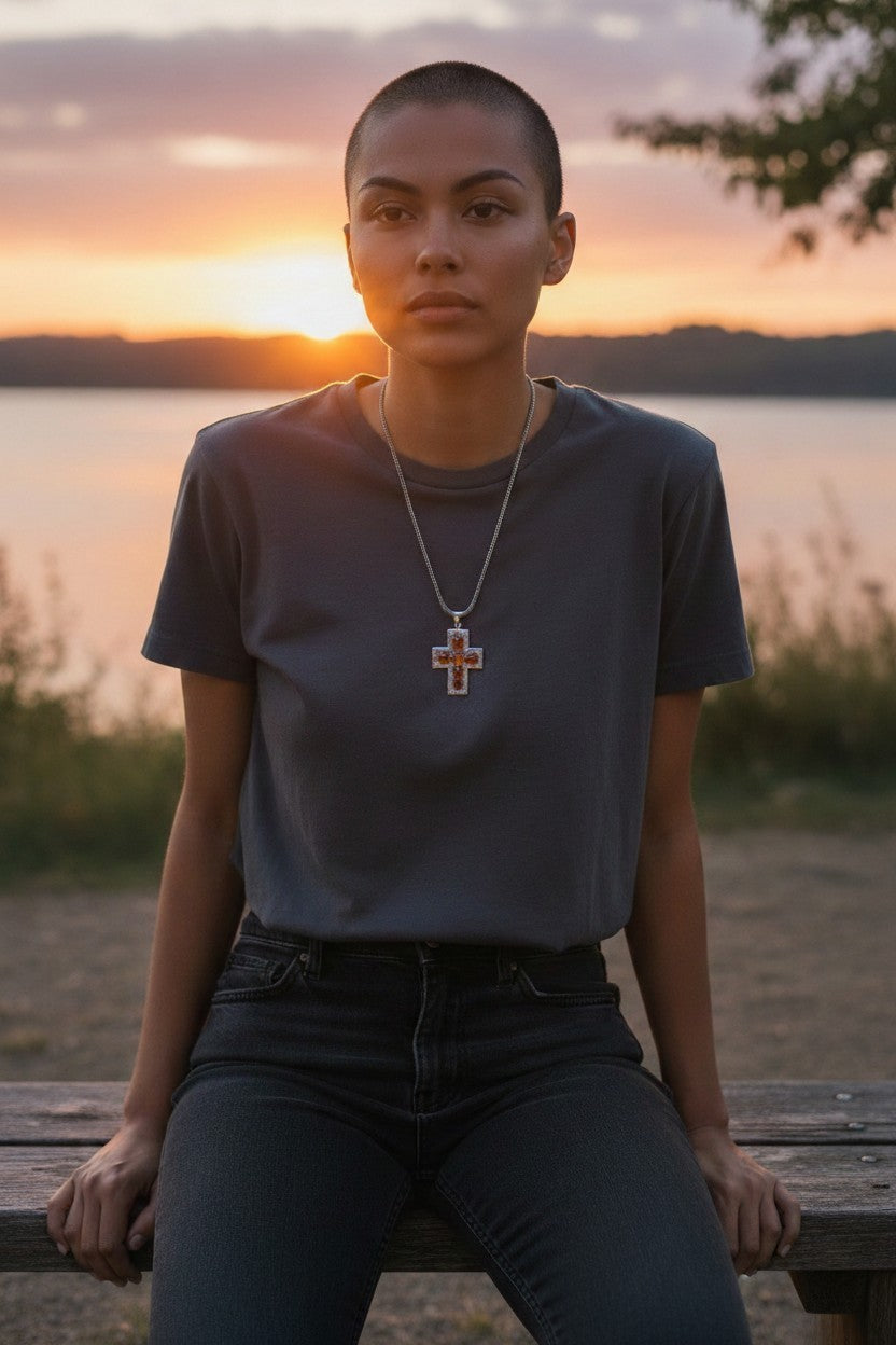 Pendant - Amber & Sterling Silver Crucifix w/ chain