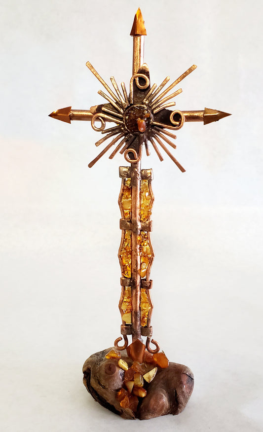 Copper and Amber Cross Sculpture