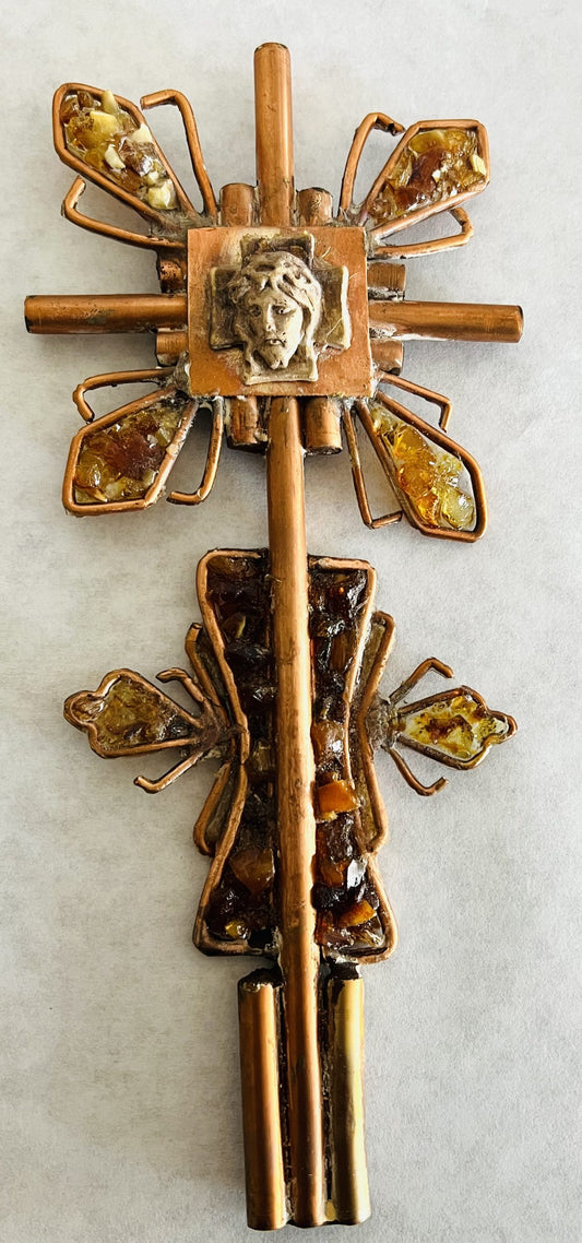 Hanging Crucifix Made of Copper and Amber