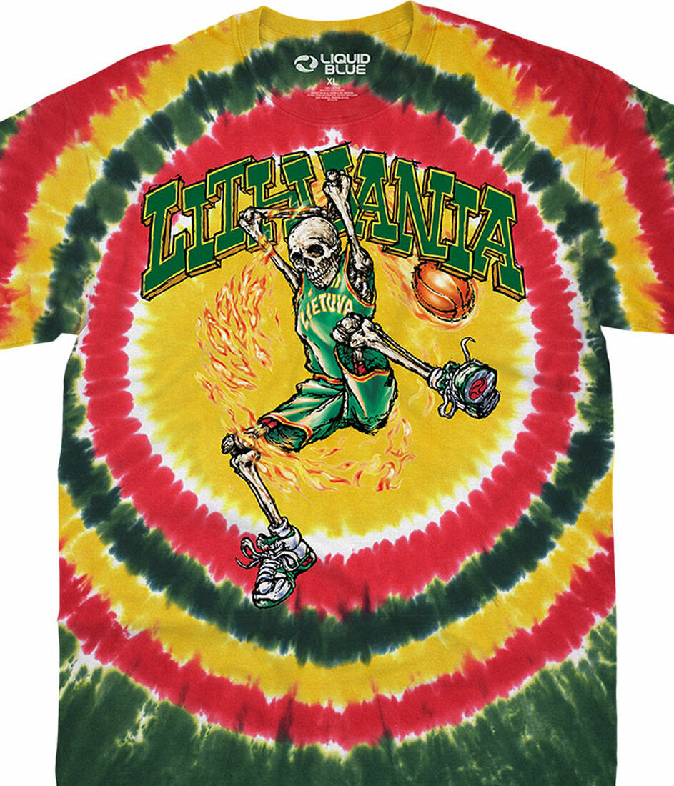 „Grateful Dead“ trumpų rankovių 1996 m. Lietuvos olimpinių žaidynių krepšinio batiko spalvos marškinėliai 